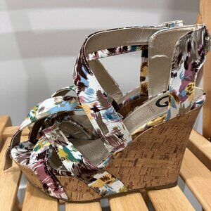 G by GUESS Abstract Floral Brushstroke Cork Wedges